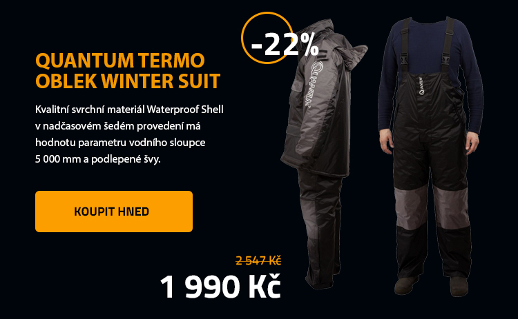 QUANTUM Termo oblek WINTER SUIT VÝPRODEJ! - Kvalitní svrchní materiál Waterproof Shell v nadčasovém šedém provedení má hodnotu parametru vodního sloupce 5 000 mm a podlepené švy. Zvláště výrazný je vysoce střižený límec.