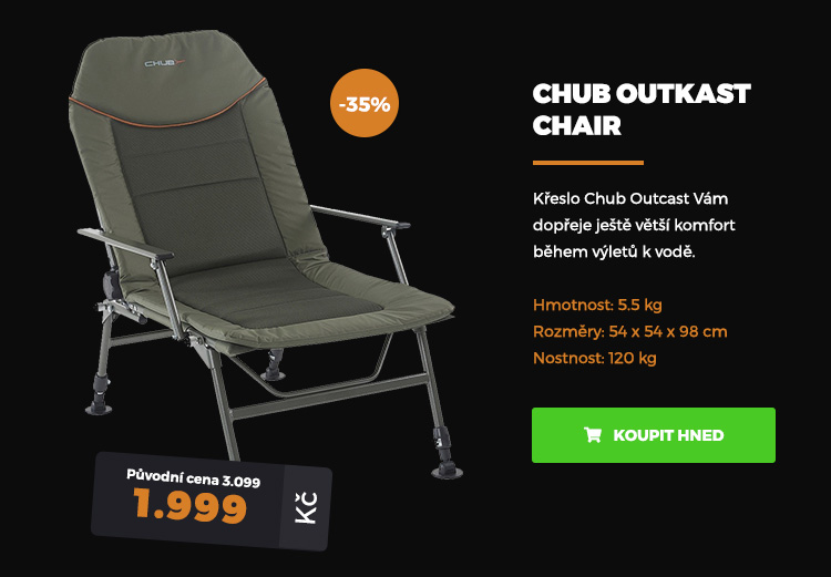 CHUB Outkast Chair VÝPRODEJ - Také plně nastavitelné opěradlo vám dopřeje ještě větší komfort během výletů k vodě. Hmotnost (kg) 5.50 Rozměry d x š x v (cm) 54 x 54 x 98 ...