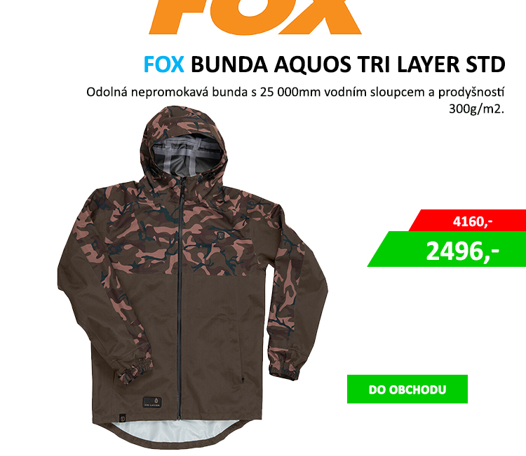 FOX Bunda AQUOS TRI LAYER STD JACKET AKCE - Odolná nepromokavá bunda Třívrstvá vnější tkanina s TPU potahem Voděodolný HH materiál s 25 000mm vodním sloupcem Prodyšnost: 3000g/m2 Plně podlepené švy ...