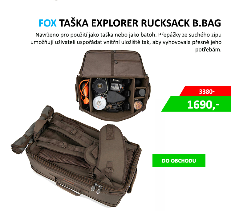 FOX taška Explorer Rucksack Barrow Bag AKCE - Obsahuje popruh pro připevnění na vozík Explorer Barrow Skryté popruhy pro připevnění na záda Speciálně navrženo pro rychlé a snadné použití Obsahuje jeden velký, ...
