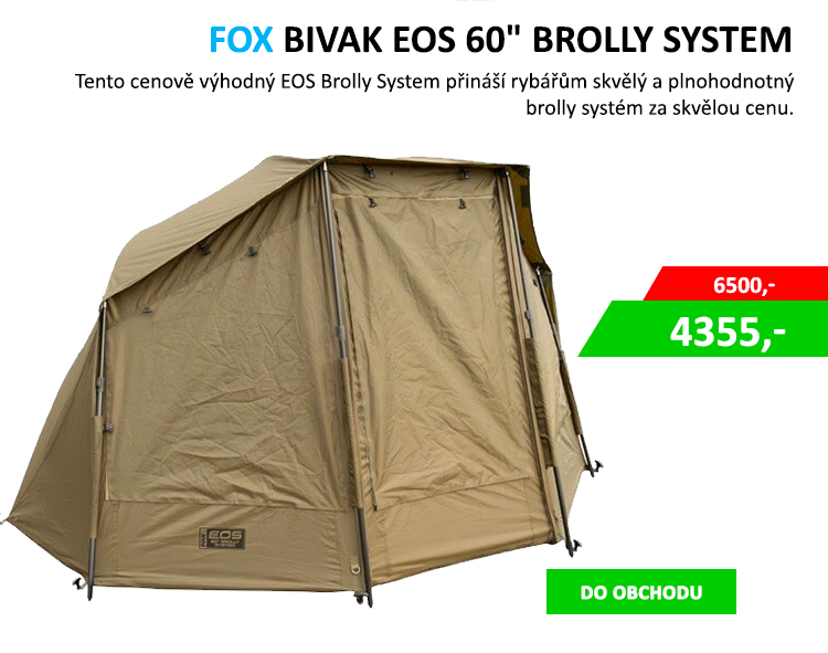 FOX Bivak EOS 60 Tento cenově výhodný EOS Brolly System přináší rybářům skvělý a plnohodnotný brolly systém za skvělou cenu.