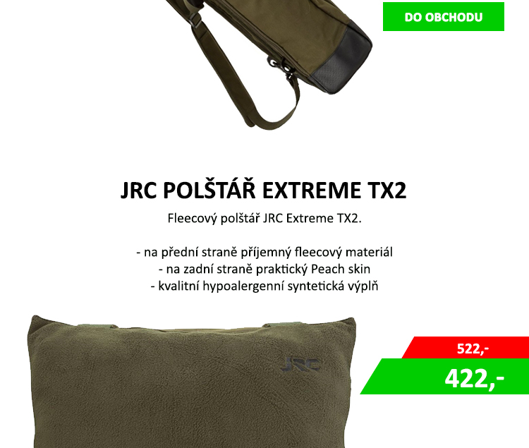 Polštář JRC Extreme TX2 VÝPRODEJ - Fleecový polštář JRC Extreme TX2. Technické údaje: - na přední straně příjemný fleecový materiál - na zadní straně praktický Peach skin - kvalitní hypoalergenní syntetická ...