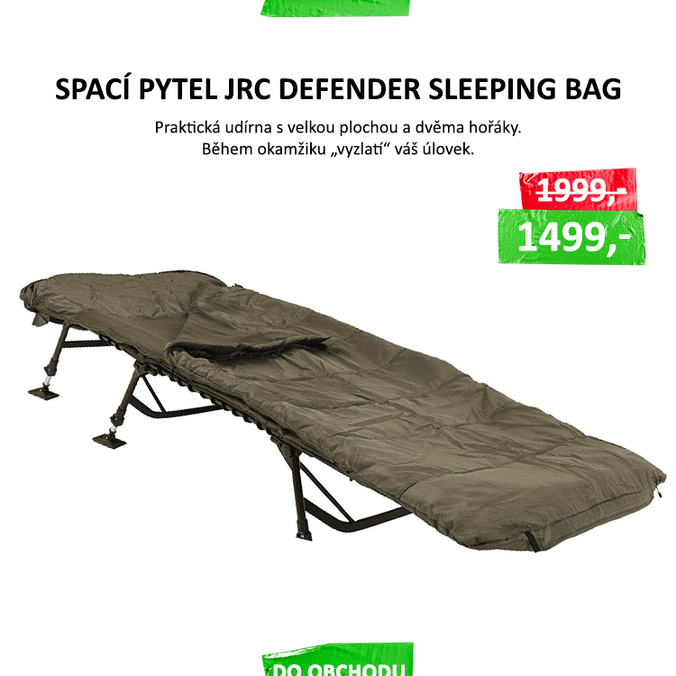 Spací pytel JRC Defender Sleeping Bag AKCE - Řada Defender je navržena v moderním designu. Vyrobena z robustního a pevného zeleného 500D materiálu. Povrch tkaniny je ošetřen speciální impregnací s vysokou odolností proti vodě ...