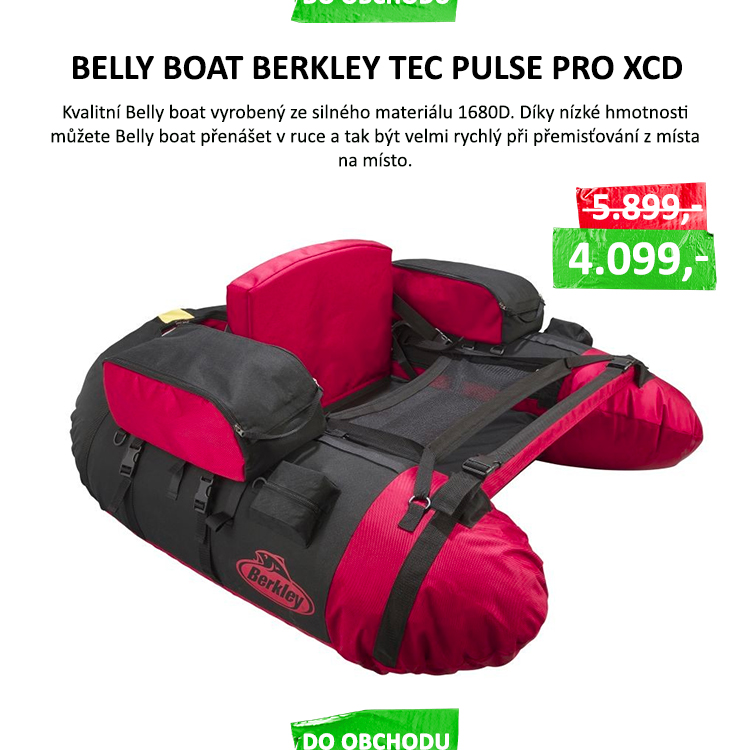Belly Boat Berkley Tec Pulse Pro XCD VÝPRODEJ - Kvalitní Belly boat vyrobený ze silného materiálu 1680D. Podlaha je vyrobena z vícevrstevného PVC. Konstrukce do tvaru H, stabilní, komfortní, bezpečnostní ventily, rychlé ...