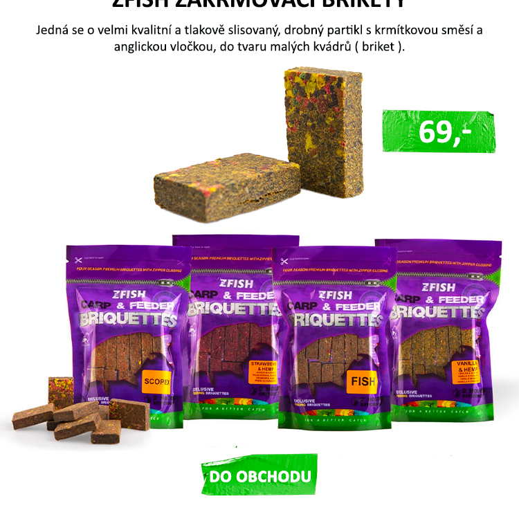 ZFISH Zakrmovací Brikety 220g - ZFISH Briquettes jsou žhavá novinka v našem krmném programu. Jedná se o velmi kvalitní a tlakově slisovaný, drobný partikl s krmítkovou směsí a anglickou vločkou, do ...