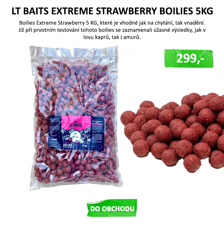 LT BAITS Extreme Strawberry boilies 5kg - Již při prvotním testování tohoto boilies se zaznamenali úžasné výsledky, jak v lovu kaprů, tak i amurů. Doba rozpadu se pohybuje kolem 3 až 5hodin, samozřejmě na to má vliv ...