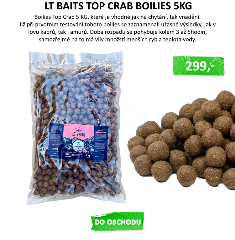 LT BAITS Top Crab Boilies 5kg - Již při prvotním testování tohoto boilies se zaznamenali úžasné výsledky, jak v lovu kaprů, tak i amurů. Doba rozpadu se pohybuje kolem 3 až 5hodin, samozřejmě na to má vliv ...