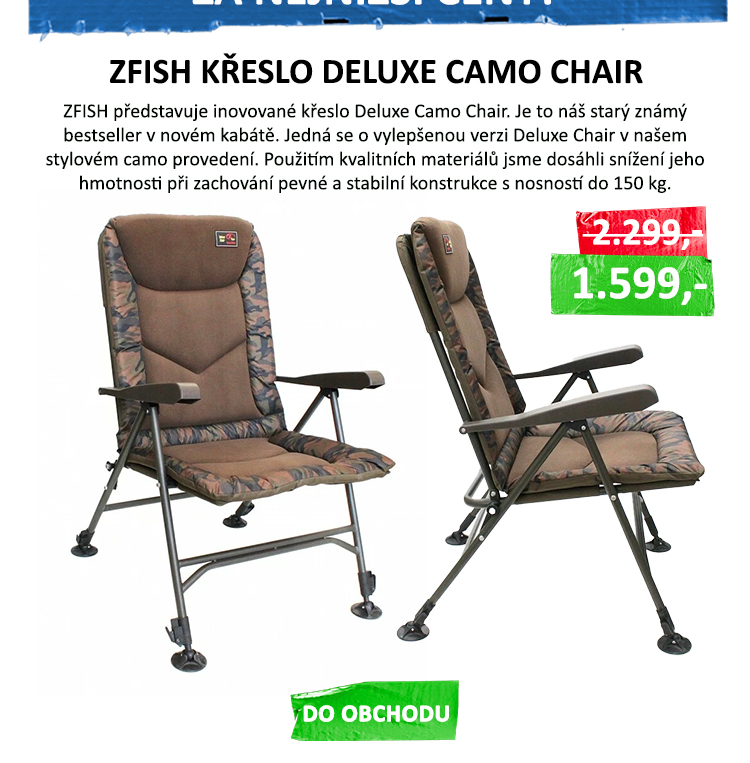 ZFISH Křeslo Deluxe Camo Chair - ZFISH představuje inovované křeslo Deluxe Camo Chair. Je to náš starý známý bestseller v novém kabátě. Jedná se o vylepšenou verzi Deluxe Chair v našem stylovém camo ...