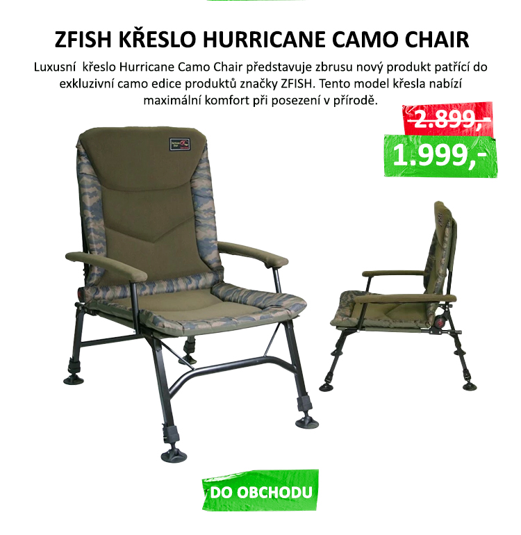 ZFISH Křeslo Hurricane Camo Chair - Luxusní křeslo Hurricane Camo Chair představuje zbrusu nový produkt patřící do exkluzivní camo edice produktů značky ZFISH. Tento model křesla nabízí maximální komfort při ...