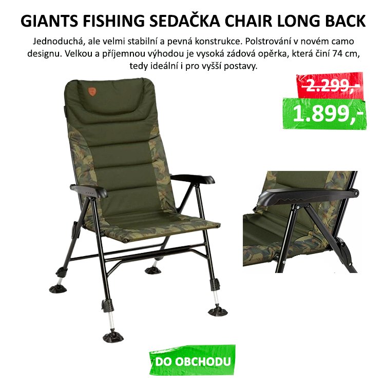 Giants fishing Sedačka Chair Long Back - Polohování opěrného systému je docíleno pomocí područek, které je jednoduché a trvanlivé. Polstrování v novém camo designu. Velkou a příjemnou výhodou je vysoká zádová opěrka, ...