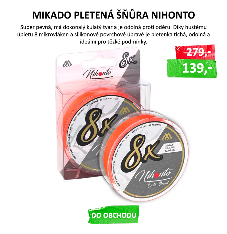 MIKADO Nihonto Octa Braid je osmipramenná pletená šňůra s extrémní odolností proti oděru a hladkým povrchem. Díky těsnému úpletu z mikrovláken a silikonové povrchové úpravě dosahuje skvělých výsledků při dalekých hodech. Je tichá při průchodu očky a vhodná i pro těžké podmínky v přívlači nebo feederu.