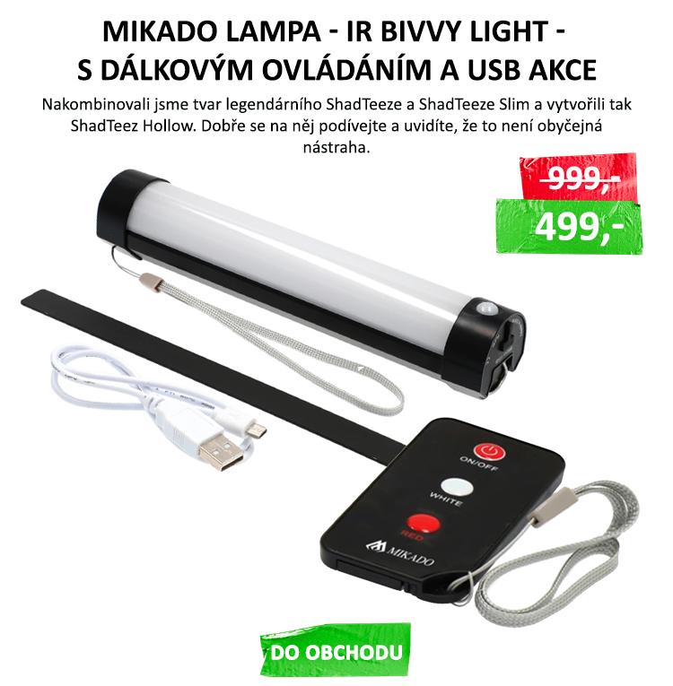 Mikado LAMPA - IR BIVVY LIGHT - S DÁLKOVÝM OVLÁDÁNÍM A USB AKCE - Vybaveno výkonnou baterií, kterou lze dobíjet přes USB port, bezdrátovým dálkovým ovládáním a magnetem, který umožňuje připevnění na boční stěnu deštníku nebo stanu. ...