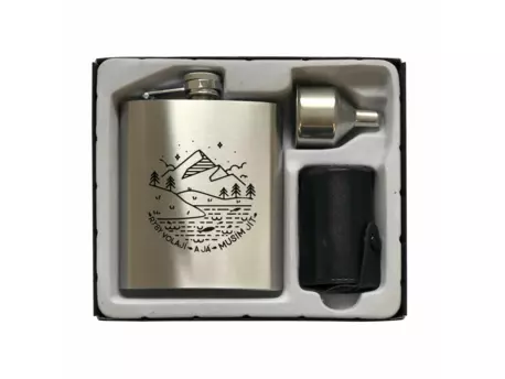 Nerezová placatka na alkohol 200 ml + nálevka a sada panáků – ryby volají