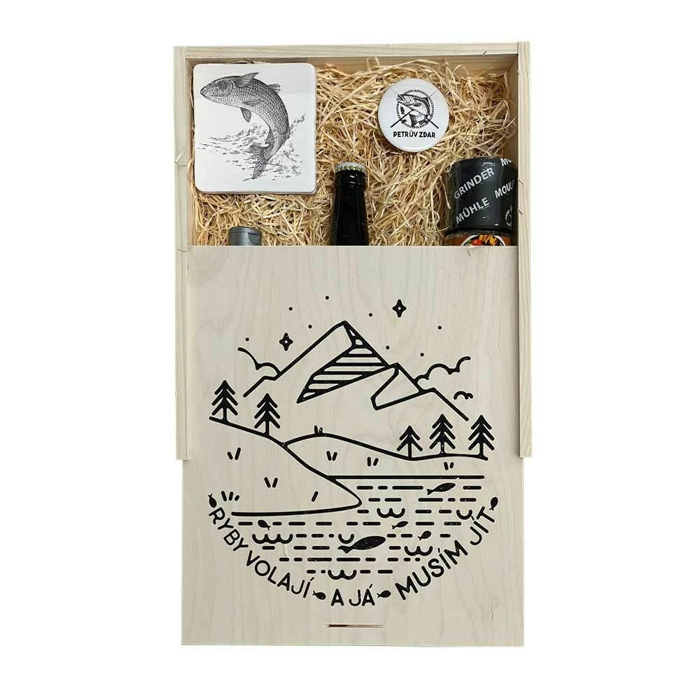 Dárková dřevěná bedna – Ryby volají a já musím jít