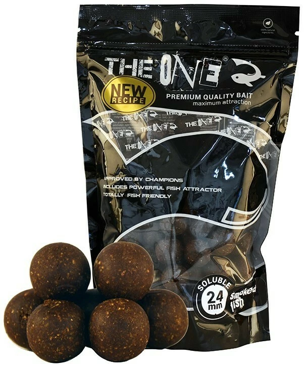 THE ONE Rozpustné boilies Black Soluble Smoked Fish 1 kg VÝPRODEJ