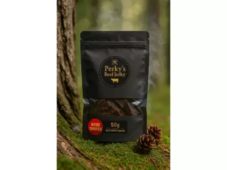 Perky's Jerky Sušené hovězí maso Beef chipsy Čabajka (Wood Smoked) 50g
