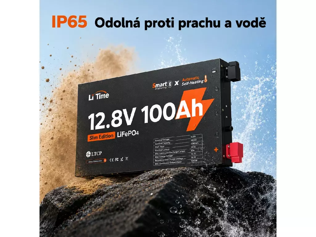 LiTime LiFePO4 Baterie 12V 100Ah Ultra Slim BLUETOOTH SAMOOHŘEV