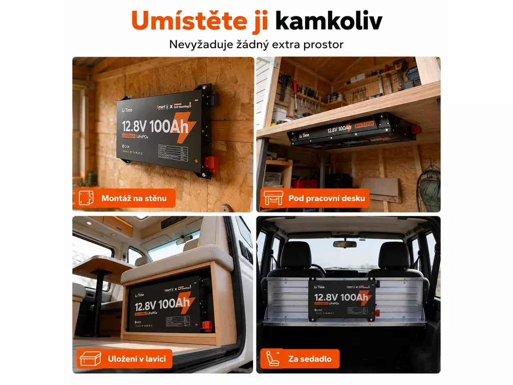 LiTime LiFePO4 Baterie 12V 100Ah Ultra Slim BLUETOOTH SAMOOHŘEV